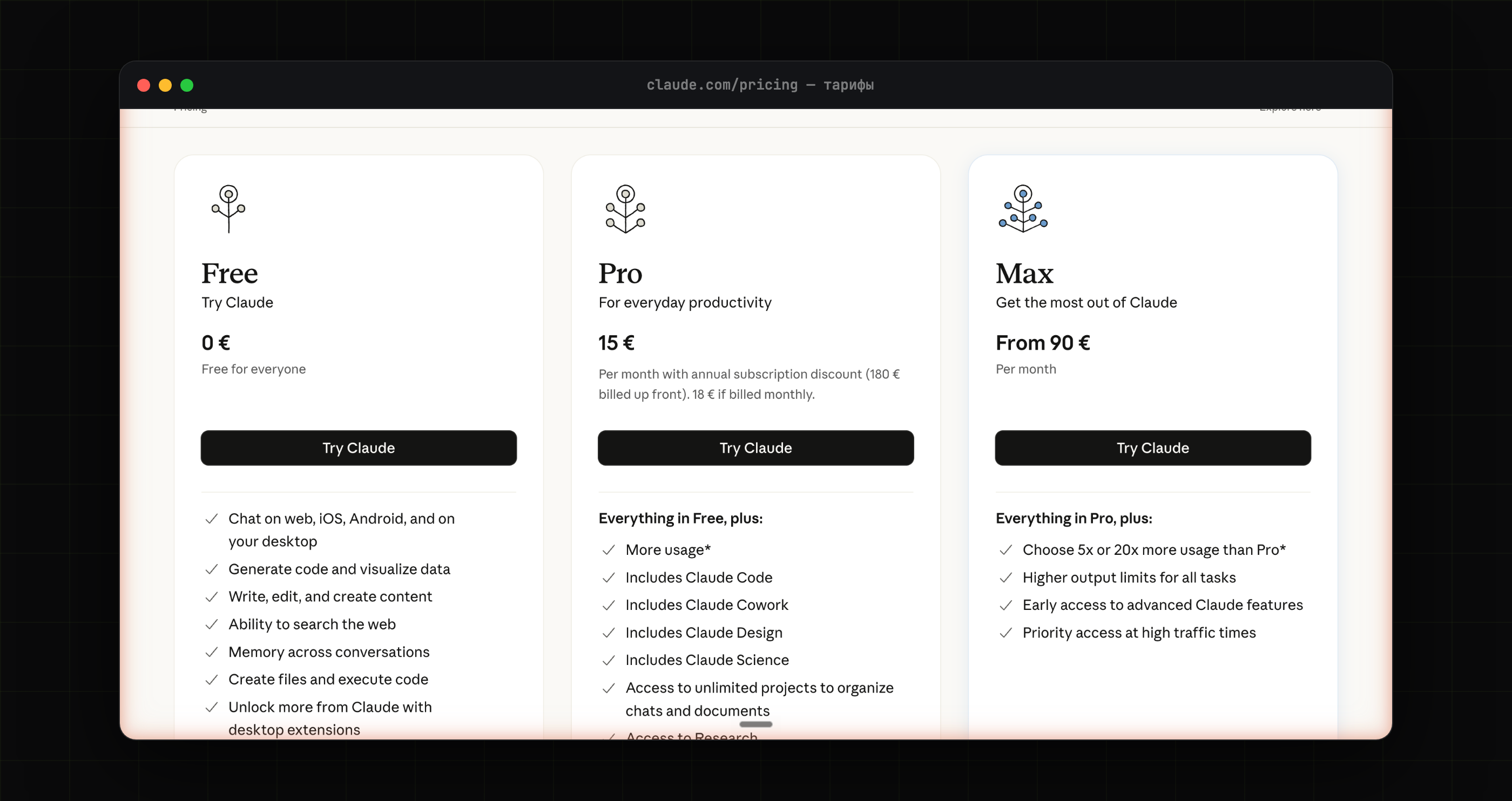 Страница тарифов Claude: Free, Pro и Max