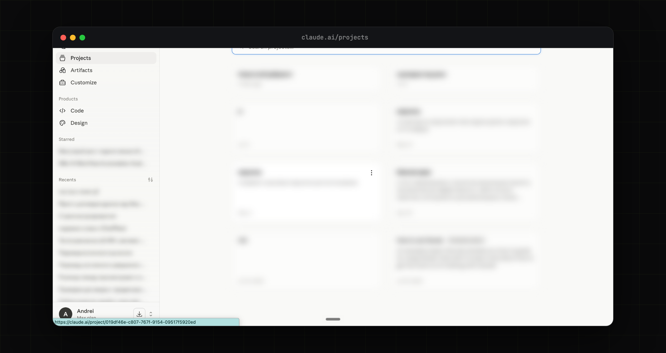 Страница Projects в claude.ai